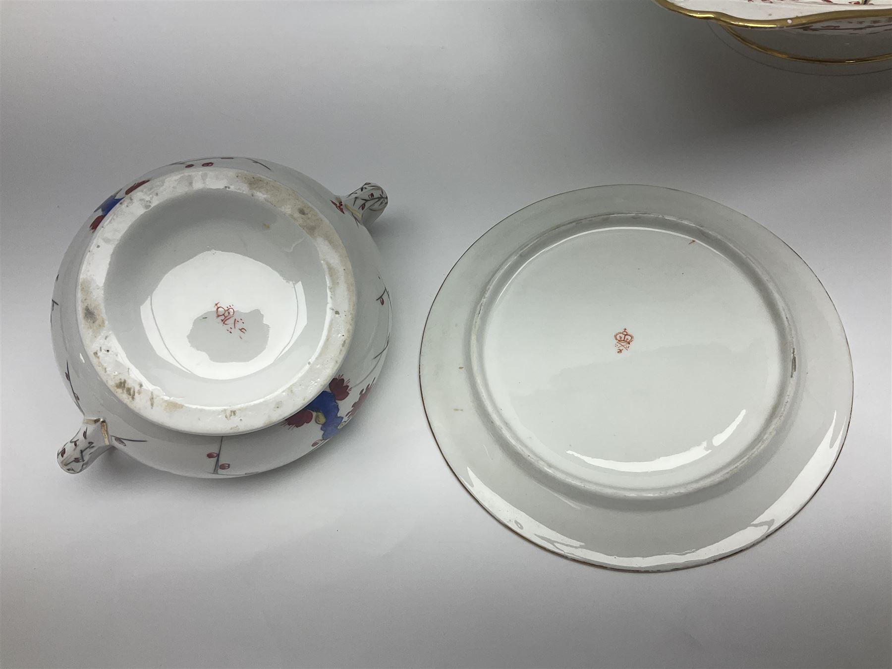 19th century Royal Crown Derby in cherry tree pattern, twin handled sauce dish and saucer and twin handled dish, together with three Royal Crown Derby plates, including one signed WEJ Dean