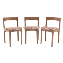  Three mid century teak framed dining chairs, upholstered seat, tapering supports (W49cm) (3)   