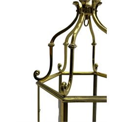 Regency style brass vestibule or hall lantern, glazed hexagonal form with scrolled supports united by upper platform with bracket