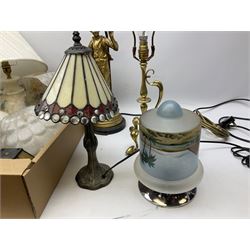 Brassed lamp modelled as a male with basket and fruit after Rancoulet, Tiffany style table lamp, brass table lamp, glass shades etc