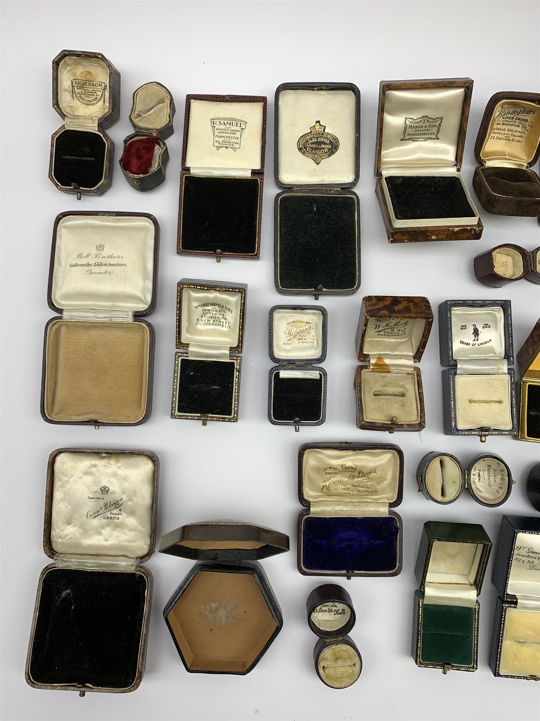 A collection of 19th/ early 20th century jewellery boxes to include Bell Brothers, J. W. Benson, W.W. Goldstraw, Anderson, Richard Smith & Sons, Mason & Son etc 