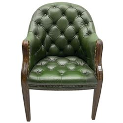 19th century design mahogany framed chesterfield library chair, upholstered in buttoned green leather with studwork, on square tapering supports