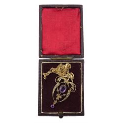 Edwardian gold amethyst and seed pearl pendant, stamped 9ct, on gold chain necklace, stamped 10
