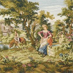 20th century tapestry mounted on wooden panel , after Nicolas Lancret (French 1690-1743), depicting figures in a landscape, approx 65cm x 138cm 