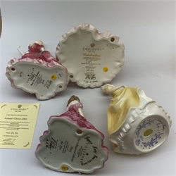 A collection of Coalport figurines, comprising, Evening at the Opera, Evening Elegance, Maggie, Golden Anniversary, Artisan's Choice 2003 with accompanying certificate, all with boxes, plus White Rose of Yorkshire, Barnsley Belle, Red Rose of Lancashire, Pontefract Princess, Mary, Celebration, Artisan's Choice 2004, and a Second example. (13). 