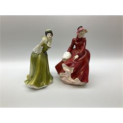 A group of eight Royal Doulton figures, comprising Simone HN2378, Amy HN3854, Fragrance HN2334, Louise HN3207, Adrienne H2304, Michele HN2234, Fine Lady HN2193, Winsome HN2220 and a Coalport figure, Polly. 