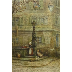  J Young (19th/20th century): Corner of a French Street with Girls and Pigeons, watercolour signed 55cm x 37cm  