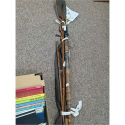 Fishing rods including split cane, fly and The Midlander example, together with a collection of railway reference books and maps including Ordnance Survey