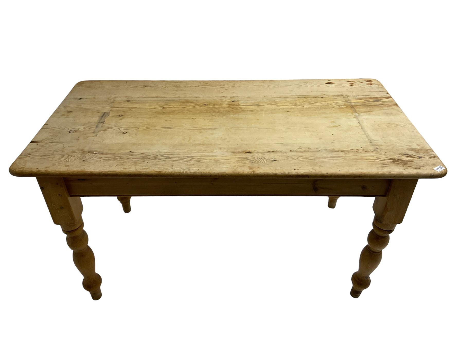Traditional pitch pine farmhouse table, rectangular top raised on turned supports