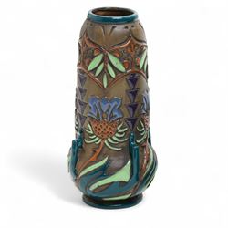 Pair of early 20th century Austrian Amphora vases, of tubular form, decorated with Art Nouveau style thistles and leaves, impressed marks to base including a crown, H25.5cm (2)