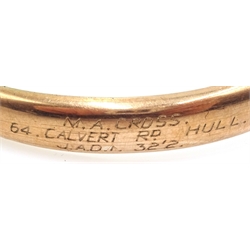  9ct rose gold hinged bangle, scroll decoration Chester 1913  