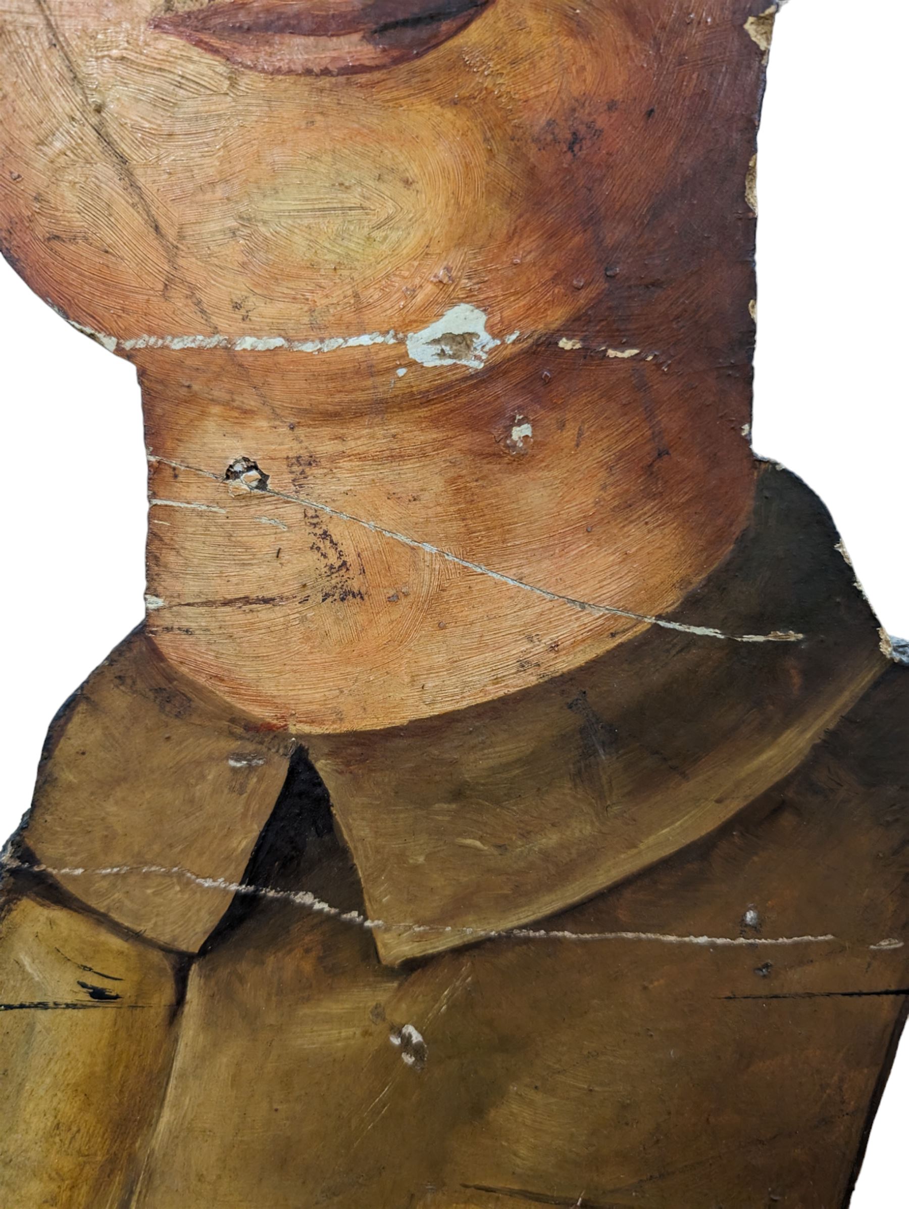 Military Outfitters hand painted life size wooden cut out figure of a WW1 soldier standing at ease holding a gun by his side, marked Stening Signs; hardboard on planked frame H199cm