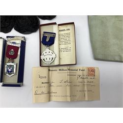 Collection of Masonic items, to include silver WWI 1914-1918 commemorative medallion named 'Bro J. Thompson No. 3458, hallmarked Birmingham 1923, silver and enamelled Masonic Steward medallion hallmarked Birmingham Spencer & Co, 1922, Masonic apron etc