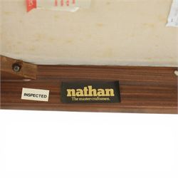 Nathan - teak drop leaf dining table and four Nathan dining chairs, the rectangular top with rounded corners fitted with twin hinged drop leaves and gate legs, extended to form an oval table 174cm in length, raised on square section supports united by stretchers, the chairs with teak frames and padded beige upholstered seat (H 96cm, W 48cm)