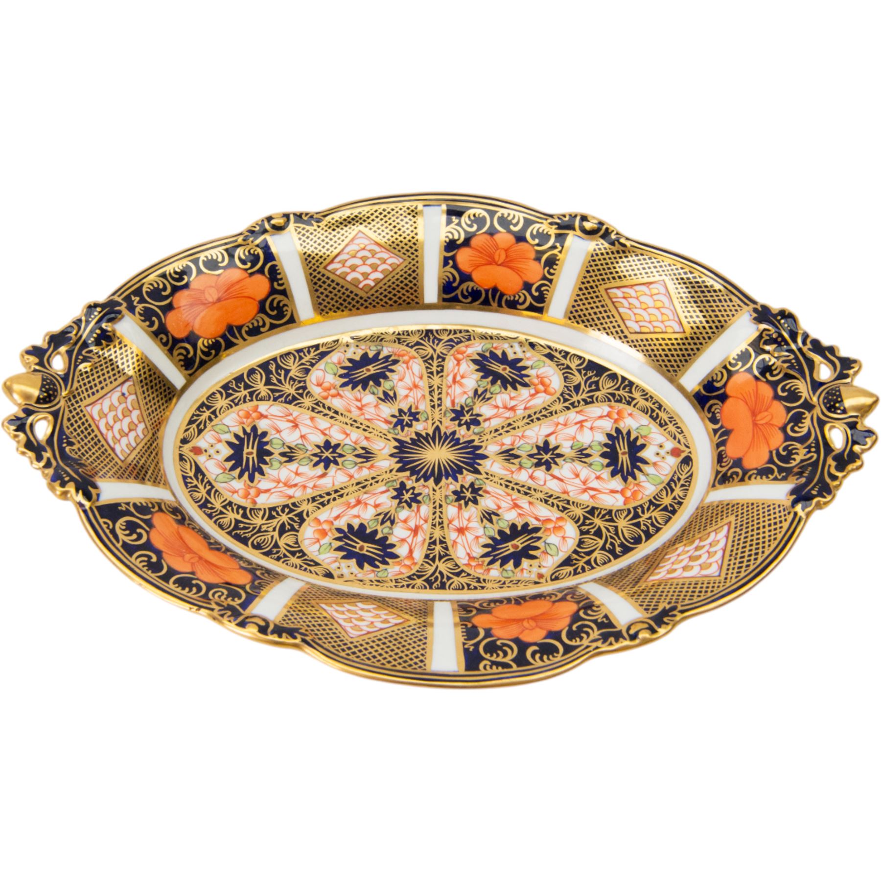 Royal Crown Derby dish, Imari 1128 pattern, of lozenge form, with pierced handles moulded with acorn terminals, L30cm