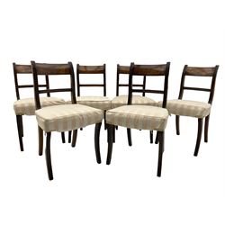 Regency period set six mahogany dining chairs, reed moulded uprights and sabre supports, upholstered seats