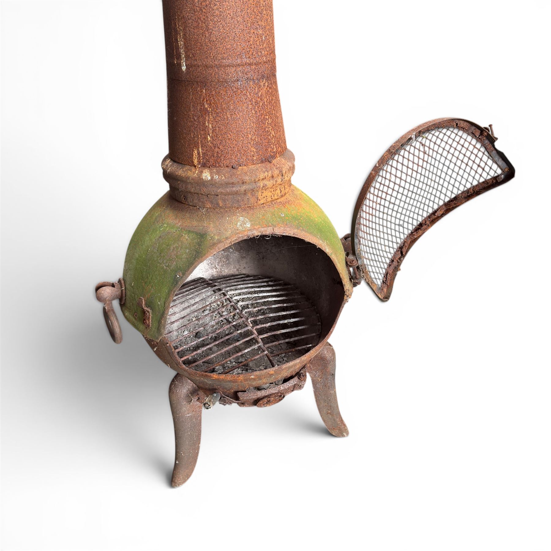Garden chiminea, with mesh front spark guard, flue chimney on three splayed legs, in a weathered finish