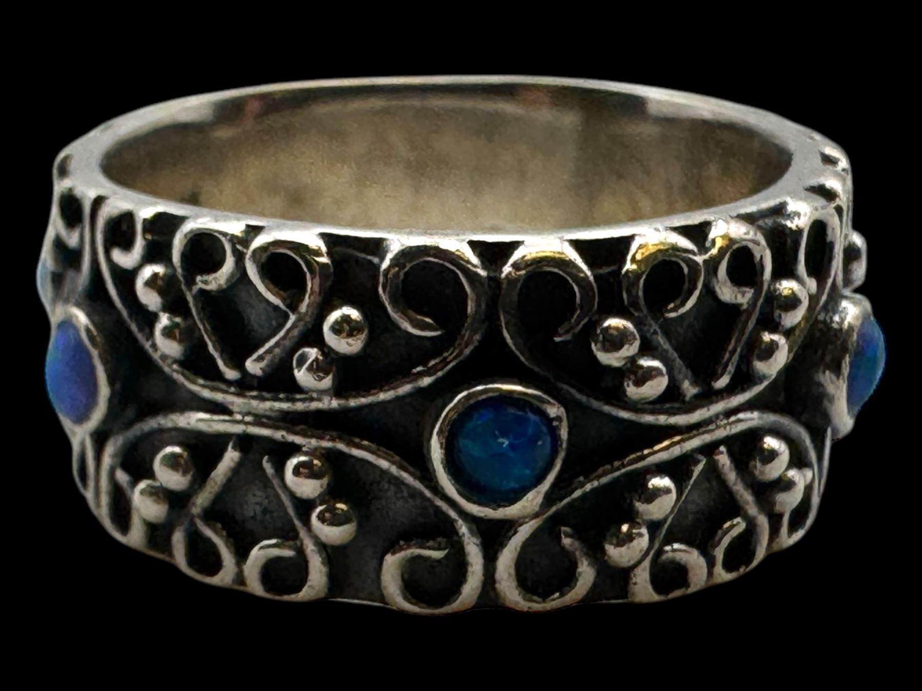 Silver opal filigree band ring, boxed