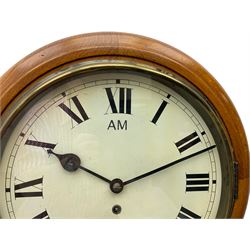 8-day wall clock with a 12” dial and spring driven German going barrel movement c1920, dial painted with roman numerals and minute track, dial inscribed with the initials AM, government property broad arrow and 1941,  with a spun brass bezel and flat glass, case with a curved base and pendulum regulation door. With pendulum.