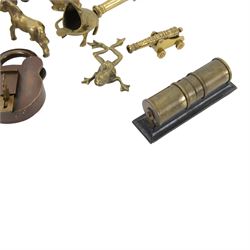 Collection of brassware, including money box in the form of a post box, cannon, jardiniere etc  