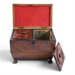 Regency mahogany sarcophagus tea caddy, the hinged lid opening to reveal two compartments,...