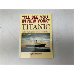 Titanic cover with Canadian cancellation signed David Haisman and cover with Queenstown cancellation signed by stamp designer, book signed David Haisman, two Titanic covers and book signed David Haisman, Titanic Facsimile postcard signed David Haisman and cover with Alderney cancellation signed by stamp designer, Biography of Edith Brown signed David Haisman (9)