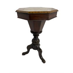 Late 19th century inlaid walnut sewing or work table, octagonal hinged top with satinwood and ebony chessboard inlay, surrounded by foliate decoration, the edges inlaid with crossbanding and stringing, fitted interior with chess pieces, raised on baluster pedestal carved with acanthus leaves on a tripod base 