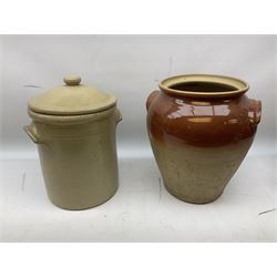 Stoneware bread bin with lid, together with another stoneware pot, largest example H35cm
