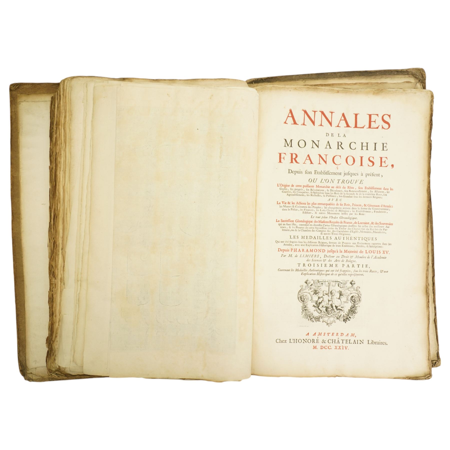 Limiers, Henri-Philippe de - 'Annales de la Monarchie Francoise', published Chez L'Honore & Chatelain Amsterdam  1724, three volumes in one with engraved frontispiece, sixty three full page plates and seven fold out genealogical tables, red and black title pages, full calf