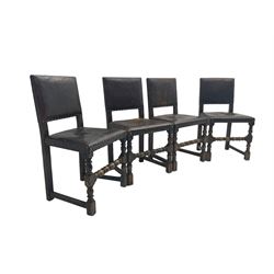 Set of four Jacobean style oak and studded leather dining chairs