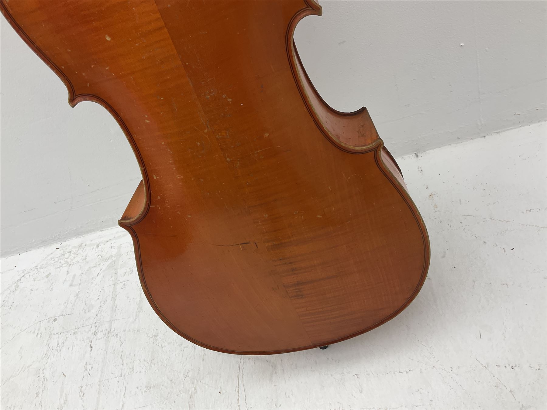 Modern student's three-quarter size cello with 70cm two-piece maple back and ribs and spruce top, L113cm overall