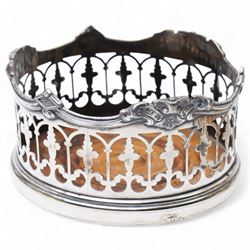  Pair of Victorian plated bottle coasters with pierced sides and turned boxwood bases