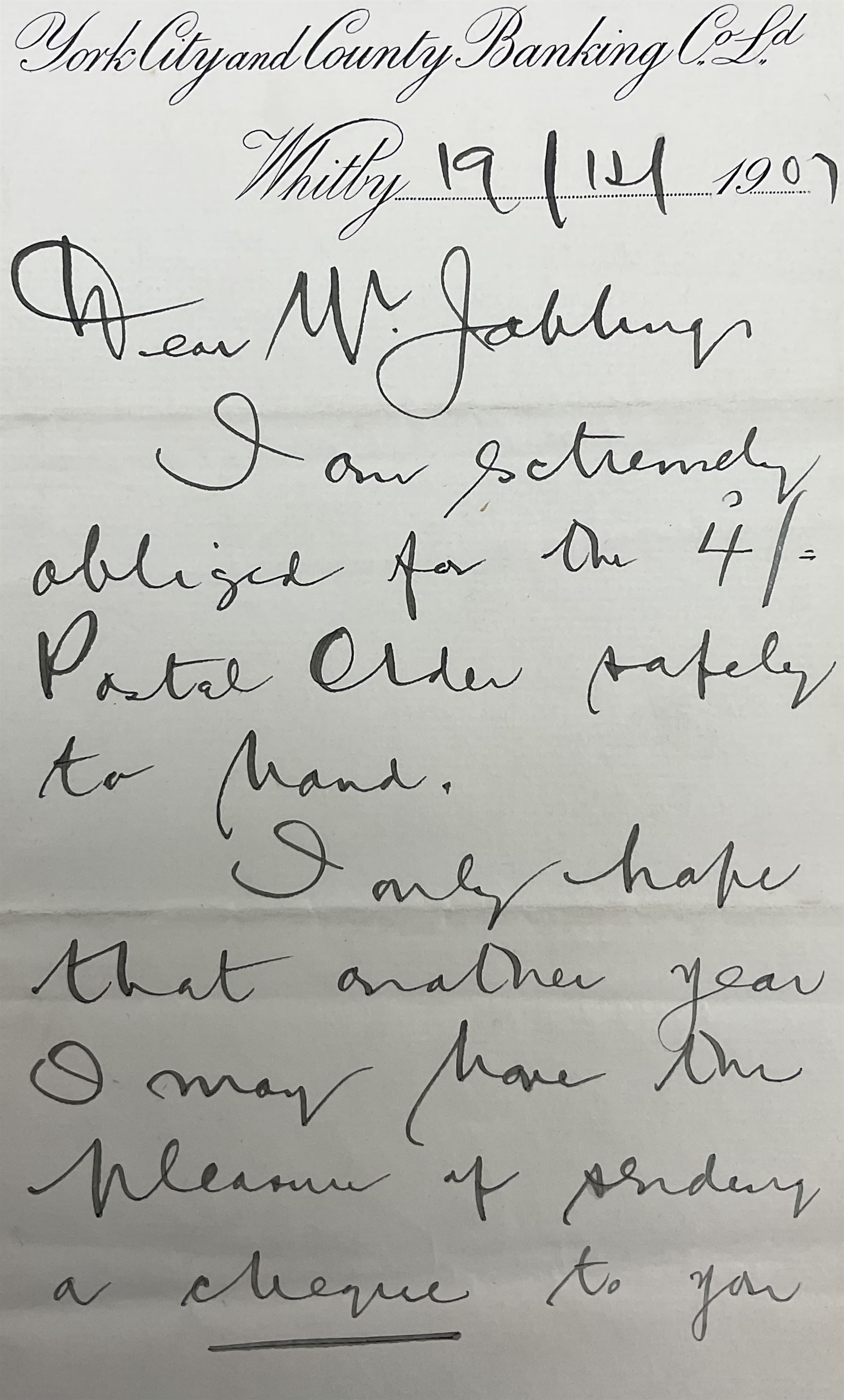 Hirst Walker (Staithes Group 1868-1957): two handwritten letters to fellow Staithes Group member Robert Jobling (1841-1923). 
The first, on York City and County Banking Co Ld Whitby headed paper, inscribed 'Dear Mr Jobling, I am extremely obliged for the 4/- postal order safely to hand. I only hope that another year I may have the pleasure of sending a cheque to you for pictures sold. I am sure you and Mrs Jobling have been most loyal to the Staithes Art Club. Faithfully yours, Hirst Walker.' 
The second being a copy of the Staithes Art Club Statement of Accounts for 1907, inscribed 'Dear Sir, I feel I hardly like to call on you and Mrs Jobling for the call of 2/- back now due from members of the Club. However - as you both paid your subscription - (tho' showing no work) - I feel you wish to be treated as are the other members. We have had another bad year. I hope that some entirely fresh arrangement mat be made for a future show; and that you and Mrs Jobling will contribute a full number of pictures. Yours faithfully, Hirst Walker. See inside.'