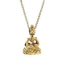 19th century 14ct gold agate seal fob, the seal engraved, the mount with foliate and shell decoration, engraved with name 'Susan', on 9ct gold belcher link chain necklace