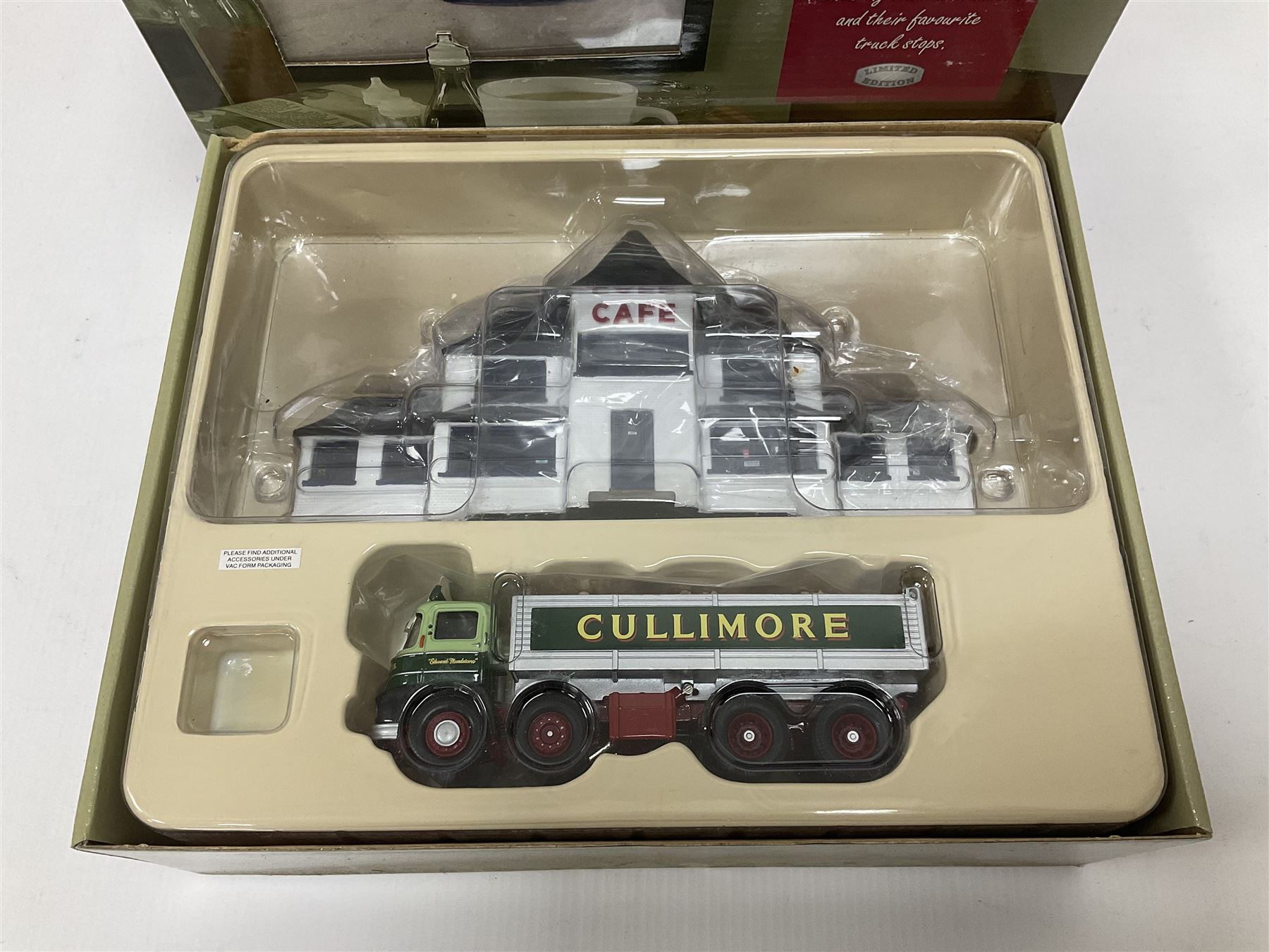 Corgi - six Cafe Connection boxed sets to include CC10501 ERF K. Platform Lorry - Richard Read (Transport) Ltd. Coronation Cafe; CC10801 Foden S21 Tipper with Gravel Load - Moreton C Cullimore & Son Ltd. The Towers; CC11603 Albion Reiver Sheeted Platform Lorry - W.H. Malcolm Ltd. Jungle Cafe; with three further examples, all boxed (6)