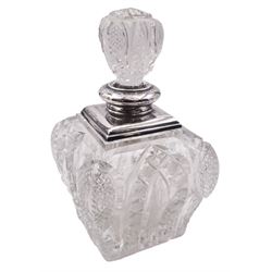Early 20th century silver mounted cut glass decanter, of squat bulbous square form, the body with hobnail cut shoulders, facet cut edges, and hexagonal cut arched bands, with conforming square cut stopper, the silver neck hallmarked London, makers mark and date letter worn, date letter possibly 1922, makers mark indistinct, H17.5cm
