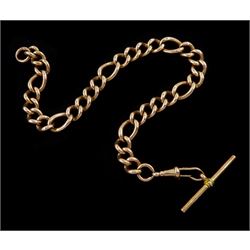Early 20th century 9ct rose gold Figaro link bracelet , with T bar clip, links stamped 375