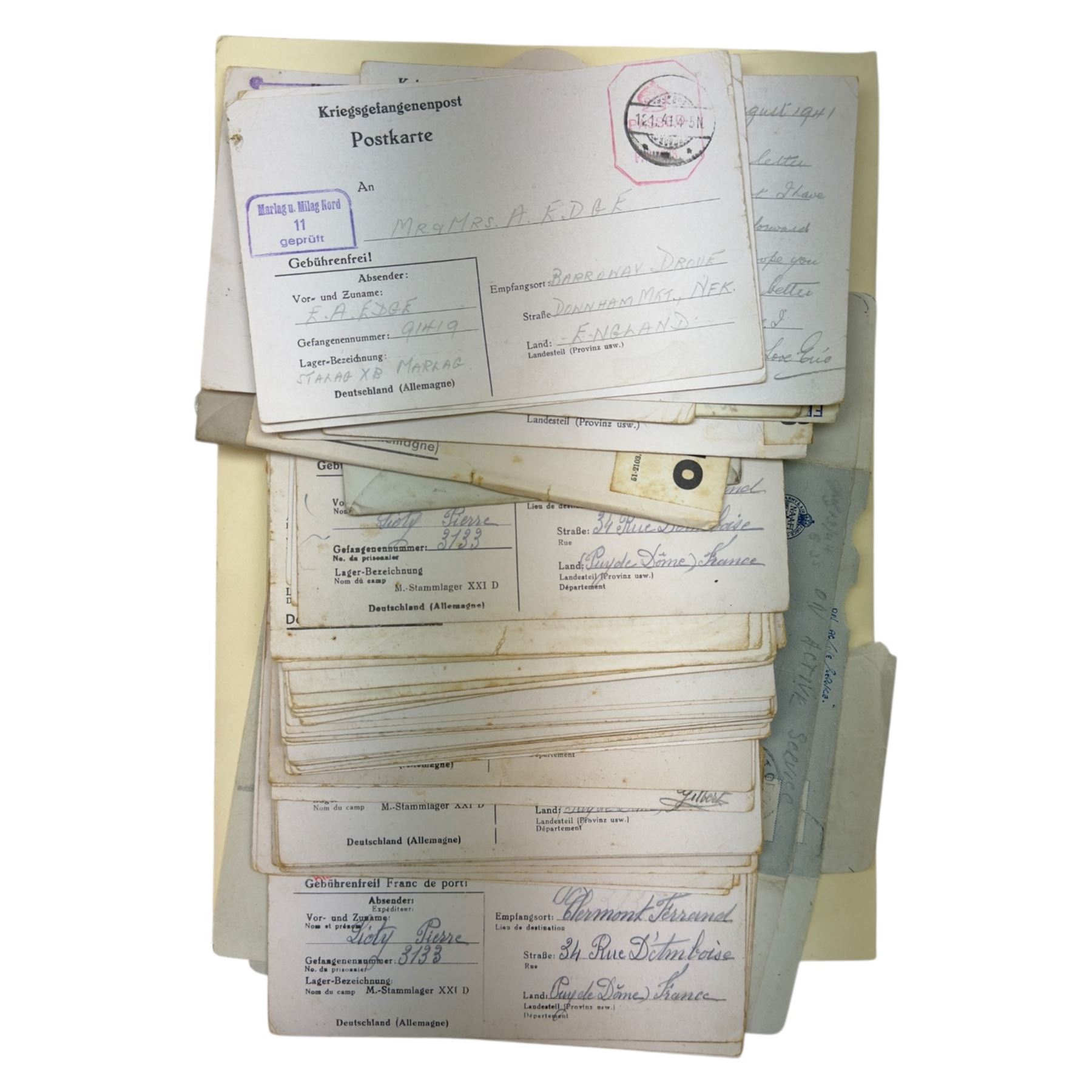 Collection of Prisoner Of War mail, including postcards, letters, envelopes, from French, Italian and other European prisoners, mainly from Germany prisoner of war camp at Stammlager  