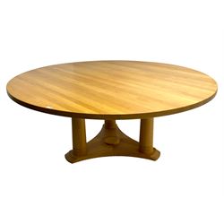Chris Berry for Berrydesign - contemporary bespoke solid light oak dining table, circular top over ring turned triple pedestal with triform base
