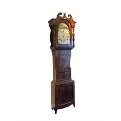 Late 19th century 30 hour mahogany longcase clock, with a swans necked pediment and break arch hood door flanked by two ring turned pilasters, trunk with a short door with a bone escutcheon on a wide plinth with a recessed panel, painted dial with a depiction of a sportsman to the arch and game birds to the spandrels, Roman numerals, minute markers and brass hands, chain driven countwheel striking movement. With weight and pendulum.