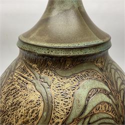 John Egerton (c1945-): studio pottery stoneware lamp base, decorated with cranes in a riverscape upon a mottled brown ground, H51cm