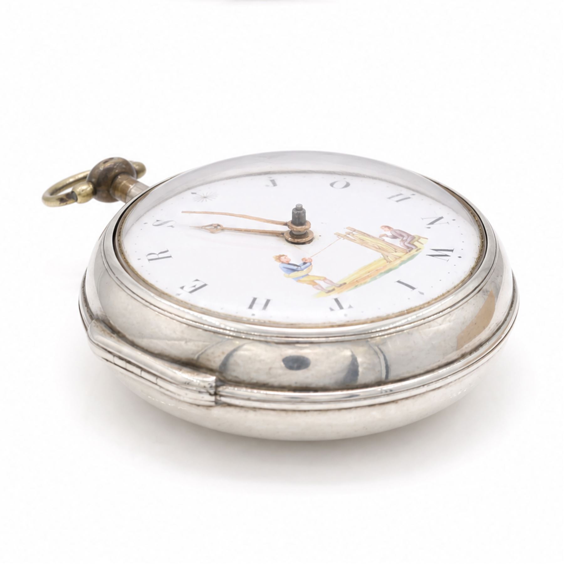 George III silver pair cased verge fusee pocket watch by W.C. Tooke, Lynn, No. 23960, pierced and engraved balance cock decorated with a mask, enamel polychrome dial depicting rope makers and personalised 'John Withers' hour markers, case by William Linsley, London 1814