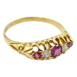 Early 20th century 18ct gold five stone ruby and diamond ring, hallmarked