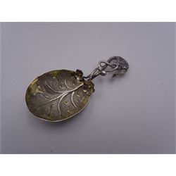 Unusual Victorian silver caddy spoon, the oval parcel gilt bowl embossed with leaf, leading to a flower head mounted tendril handle also detailed with leaf, hallmarked Hilliard & Thomason, Birmingham 1853, L8.5cm, approximate weight 0.49ozt (15.3 grams)