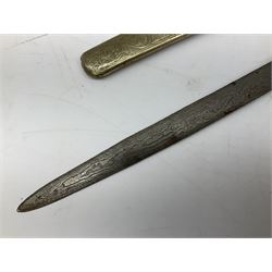 Malayan Kris dagger, the 31.5cm double edged straight heavy damascus blade with copper ferrule; carved hardwood grip; in large wooden throated scabbard with floral decorated white metal covering L47.5cm overall; a kris blade with adapted antler grip; and five various small daggers/letter openers (7)