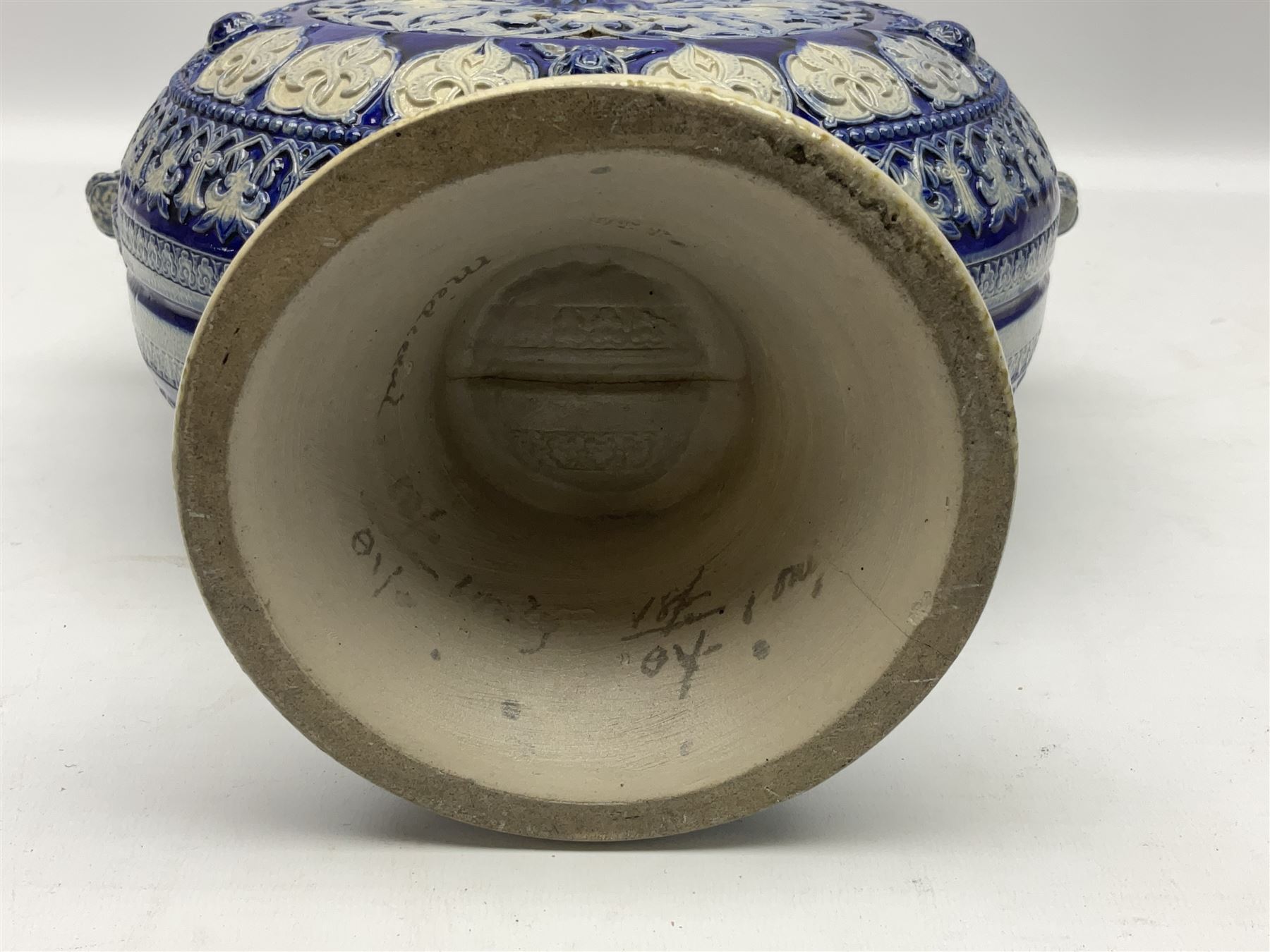 German stoneware blue glazed vase of flattened form with twin handles, H49cm (a/f)