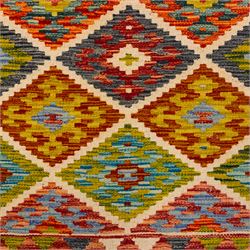 Turkish Anatolian flatweave kilim, ivory field decorated with rows of large stepped lozenge medallions enclosing stylized geometric motifs flanked by narrow geometric side panels, fringe ends 