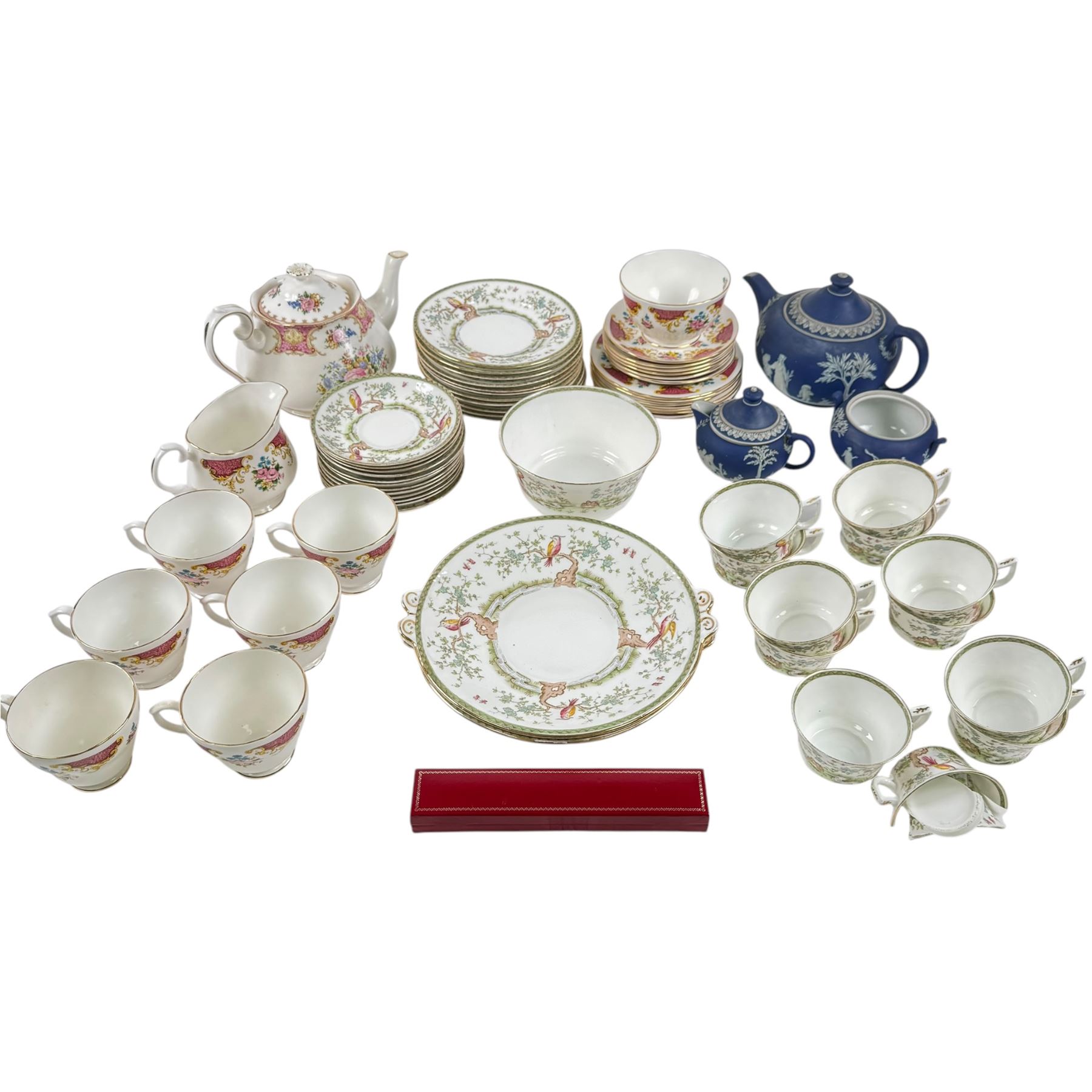 Collection of tea service ceramics, to include Wedgewood Jasperware teapot, milk jug and sugar bowl, together with Royal Albert Lady Carlyle teapot and a large collection of Royal Sutherland and Adderley's teacups and saucers