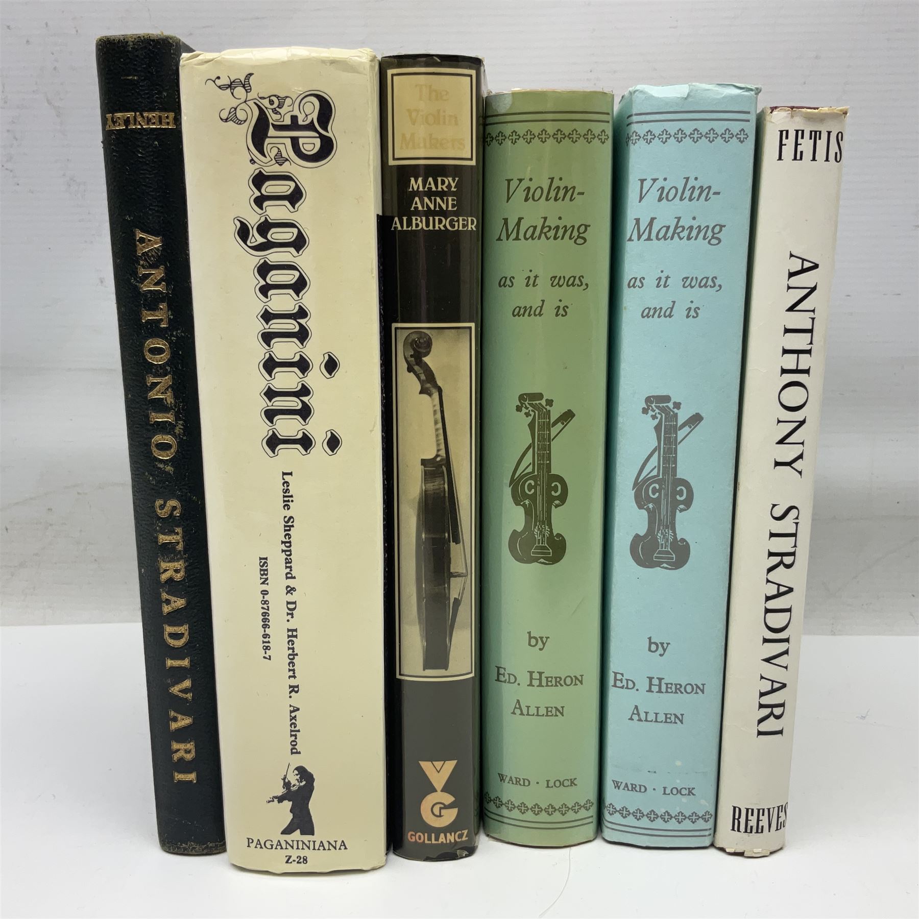 Fourteen books on violins and violin makers including Henley William: Universal Dictionary of Violin and Bow Makers. Five volumes. 1959/60. All first editions with dustjackets; Jalovec Karel: Encyclopaedia of Violin Makers. Two volumes. 1968. Vol.1 with d/j; Heron-Allen Ed.: Violin making As It Was, And Is. Two copies 1984 & 1991. Both with d/j; Henley W.: Antonio Stradivari. 1961; Fetis F.J.: Anthony Stradivari Celebrated Violin Maker. 1964 facsimile edition; Boyden David D.: catalogue of the Hill Collection of Musical Instruments in the Ashmolean Museum. 1979; and two others (14)