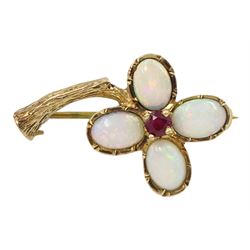 9ct gold four stone opal and single stone ruby flower brooch, London 1974